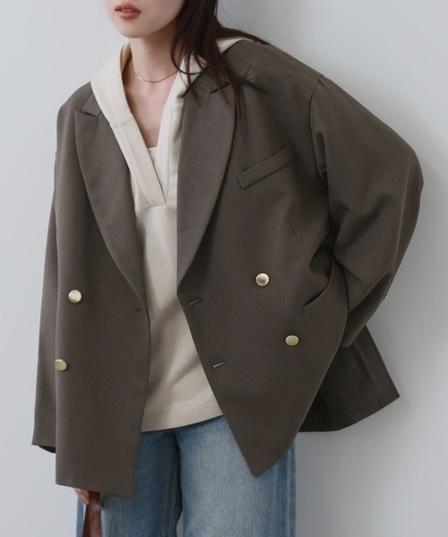NAVY(ネイビー)の「【NAVY/ ネイビー】ビッグシルエット テーラード ダブルジャケット(テーラードジャケット・レディース・ネイビー/モカ・FREE)」の1枚目の写真