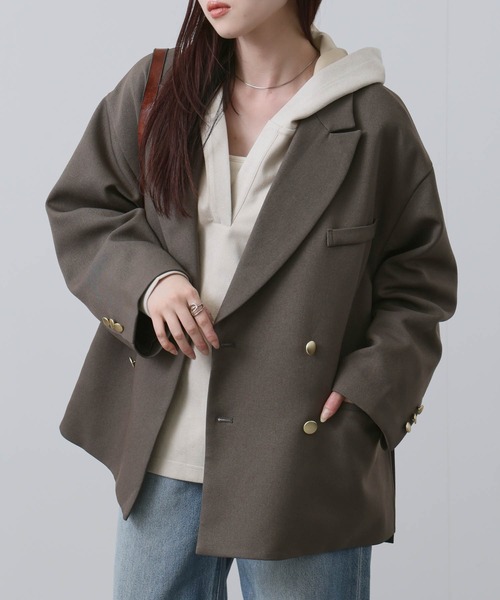 NAVY(ネイビー)の「【NAVY/ ネイビー】ビッグシルエット テーラード ダブルジャケット(テーラードジャケット・レディース・ネイビー/モカ・FREE)」の3枚目の写真