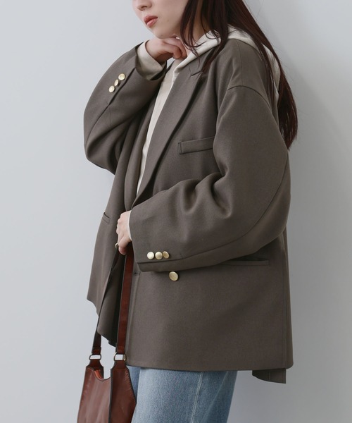NAVY(ネイビー)の「【NAVY/ ネイビー】ビッグシルエット テーラード ダブルジャケット(テーラードジャケット・レディース・ネイビー/モカ・FREE)」の4枚目の写真