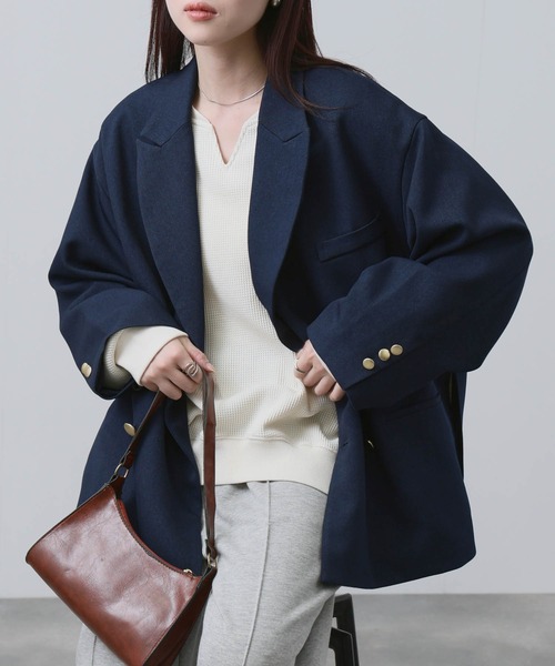 NAVY(ネイビー)の「【NAVY/ ネイビー】ビッグシルエット テーラード ダブルジャケット(テーラードジャケット・レディース・ネイビー/モカ・FREE)」の8枚目の写真