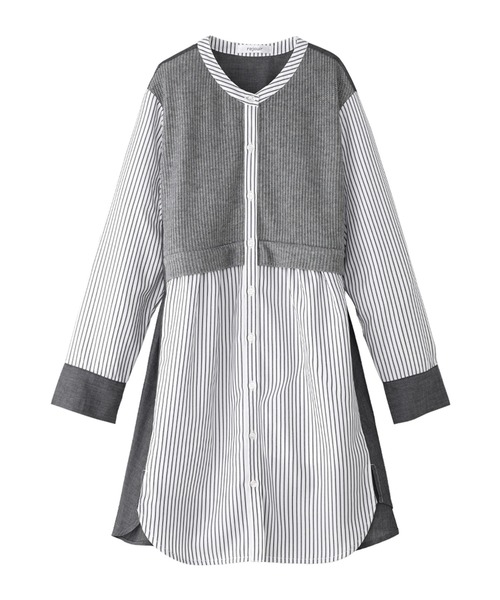 BELLUNA PLUS(ベルーナ)の「ストライプ×異素材切替シャツチュニック(チュニック・レディース・グレー系その他/ネイビー系・MEDIUM/LARGE/X-LARGE)」の1枚目の写真
