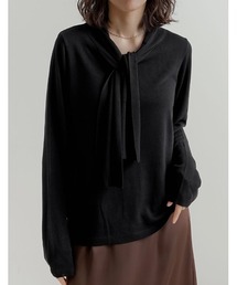 レーヨンニットボウタイ付き長袖トップス