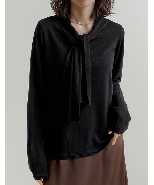 Re:EDIT（リエディ）の「レーヨンニットボウタイ付き長袖トップス（ニット/セーター・レディース・グレイッシュベージュ/ブラック/ホワイト/ネイビー・MEDIUM/LARGE）」の2枚目の写真