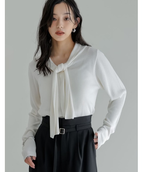 Re:EDIT（リエディ）の「レーヨンニットボウタイ付き長袖トップス（ニット/セーター・レディース・グレイッシュベージュ/ブラック/ホワイト/ネイビー・MEDIUM/LARGE）」の11枚目の写真