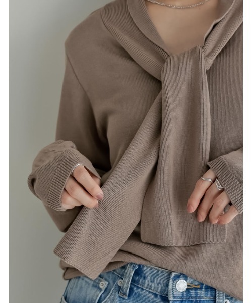 Re:EDIT（リエディ）の「レーヨンニットボウタイ付き長袖トップス（ニット/セーター・レディース・グレイッシュベージュ/ブラック/ホワイト/ネイビー・MEDIUM/LARGE）」の15枚目の写真