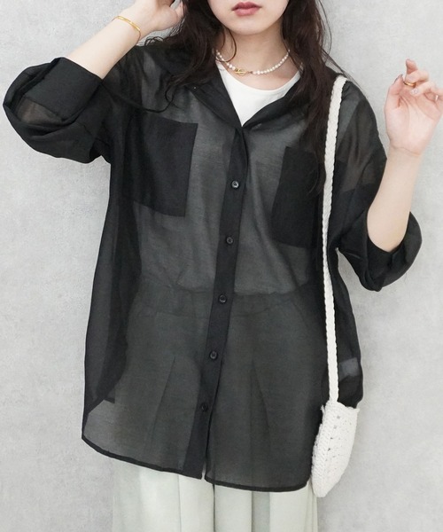 SELECT LEVERY(セレクトリベリー)の「長袖シアーフードシャツ(シャツ/ブラウス・レディース・ブラック/グレイッシュベージュ/ホワイト・MEDIUM)」の2枚目の写真