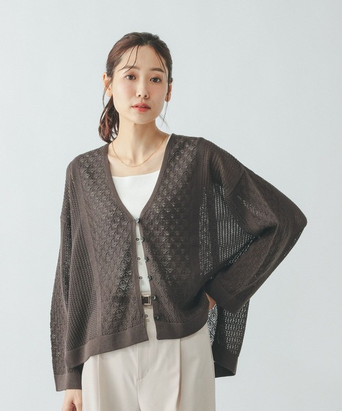 GLOBAL WORK(グローバルワーク)の「パネルレース編みVネックカーディガン/642713(カーディガン/ボレロ・レディース・ブラック/ダークブラウン/ベージュ系その他7・LARGE/MEDIUM)」の1枚目の写真