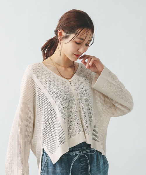 GLOBAL WORK(グローバルワーク)の「パネルレース編みVネックカーディガン/642713(カーディガン/ボレロ・レディース・ブラック/ダークブラウン/ベージュ系その他7・LARGE/MEDIUM)」の6枚目の写真