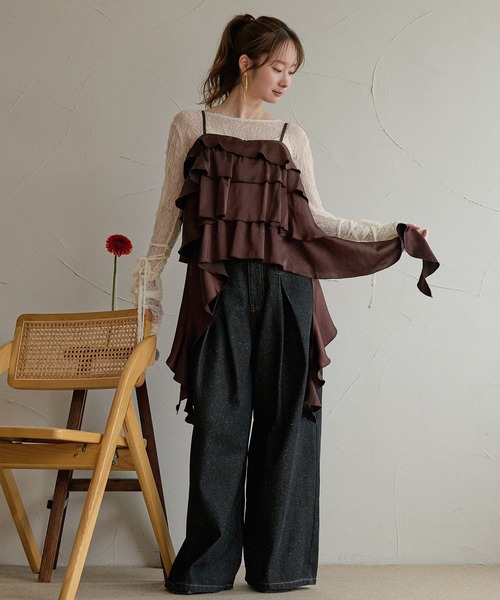 mideal(マイディール)の「asymmetry frill cami tops / アシンメトリーフリルキャミトップス(キャミソール・レディース・ダークブラウン/オフホワイト/イエロー・FREE)」の6枚目の写真