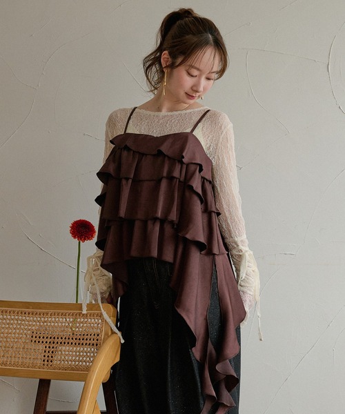 mideal(マイディール)の「asymmetry frill cami tops / アシンメトリーフリルキャミトップス(キャミソール・レディース・ダークブラウン/オフホワイト/イエロー・FREE)」の7枚目の写真