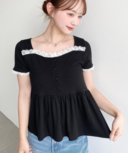 セール】ペプラムフレアレースフリル半袖カットソー（Tシャツ