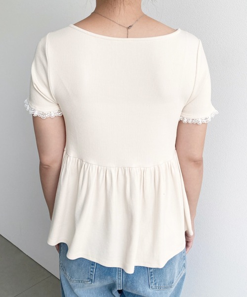 moment+(モーメントプラス)の「ペプラムフレアレースフリル半袖カットソー(Tシャツ/カットソー・レディース・ホワイト系2/ホワイト系/杢グレー/ブラック系/ネイビー/ブラック/ピンク/アイボリー/イエロー/イエロー系2・M)」の21枚目の写真