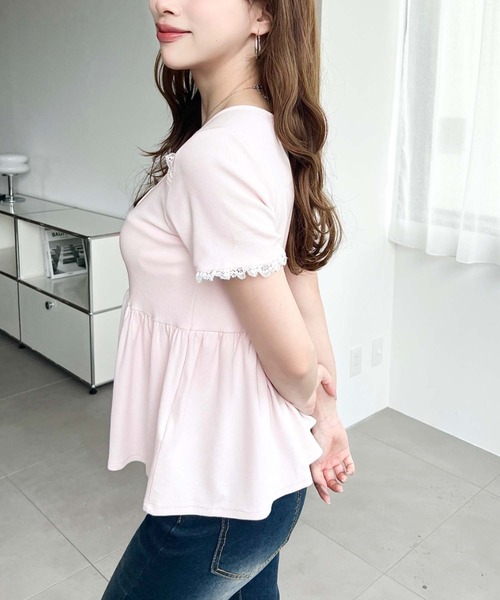 moment+(モーメントプラス)の「ペプラムフレアレースフリル半袖カットソー(Tシャツ/カットソー・レディース・ホワイト系2/ホワイト系/杢グレー/ブラック系/ネイビー/ブラック/ピンク/アイボリー/イエロー/イエロー系2・M)」の15枚目の写真