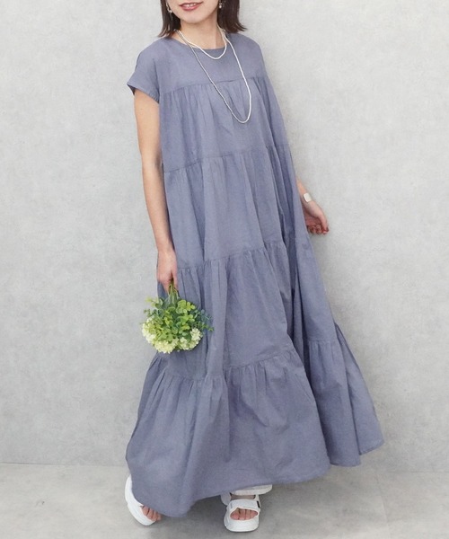 SELECT LEVERY(セレクトリベリー)の「インド綿 フレンチスリーブ ティアードロングワンピース(ワンピース・レディース・パープル/チャコール/ブラック/オフホワイト・FREE)」の4枚目の写真