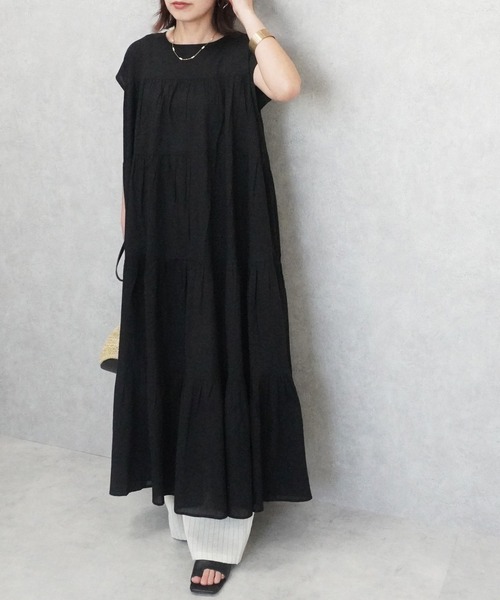 SELECT LEVERY(セレクトリベリー)の「インド綿 フレンチスリーブ ティアードロングワンピース(ワンピース・レディース・パープル/チャコール/ブラック/オフホワイト・FREE)」の2枚目の写真