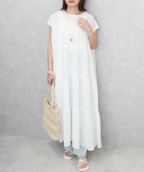 SELECT LEVERY(セレクトリベリー)の「インド綿 フレンチスリーブ ティアードロングワンピース(ワンピース・レディース・パープル/チャコール/ブラック/オフホワイト・FREE)」の5枚目の写真