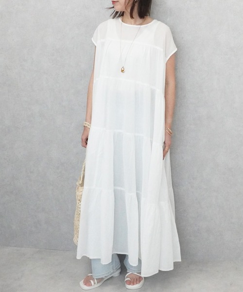 SELECT LEVERY(セレクトリベリー)の「インド綿 フレンチスリーブ ティアードロングワンピース(ワンピース・レディース・パープル/チャコール/ブラック/オフホワイト・FREE)」の6枚目の写真