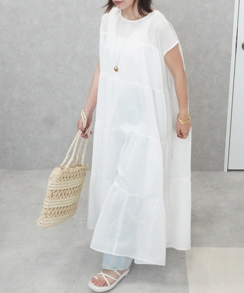SELECT LEVERY(セレクトリベリー)の「インド綿 フレンチスリーブ ティアードロングワンピース(ワンピース・レディース・パープル/チャコール/ブラック/オフホワイト・FREE)」の9枚目の写真