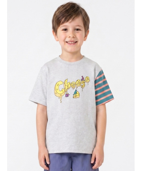 HAKKA KIDS（ハッカキッズ）の「ボーダー切替プリント半袖Tシャツ（Tシャツ/カットソー・キッズ・杢グレー/オレンジ・100cm/110cm/120cm/130cm）」の2枚目の写真