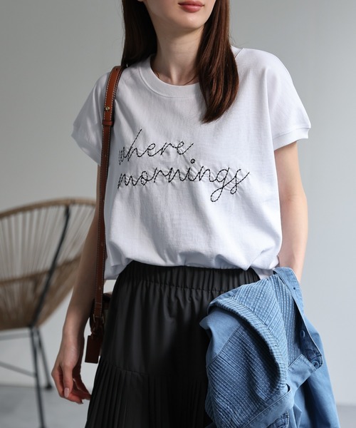 【綿100%】ロゴ刺しゅう フレンチスリーブTee/Tシャツ/ヴィンテージ風