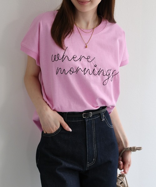 【綿100%】ロゴ刺しゅう フレンチスリーブTee/Tシャツ/ヴィンテージ風