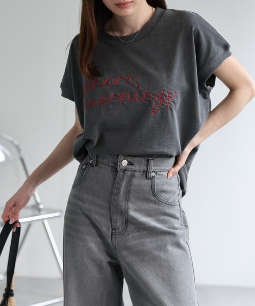 【綿100%】ロゴ刺しゅう フレンチスリーブTee/Tシャツ/ヴィンテージ風