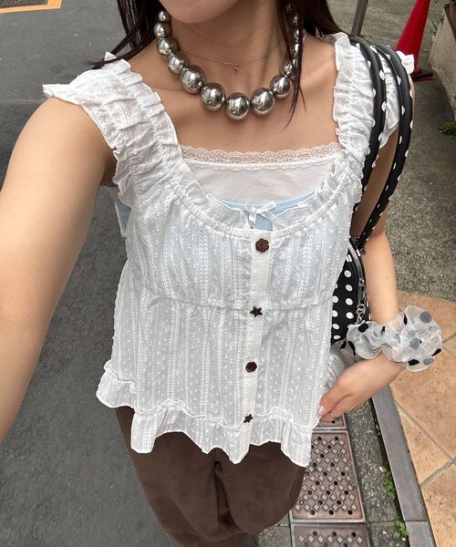 CIAOPANIC（チャオパニック）の「ウッドボタンドビーシャーリングキャミビスチェ（シャツ/ブラウス・レディース・ブラック/イエロー/ホワイト・ONE SIZE）」の10枚目の写真