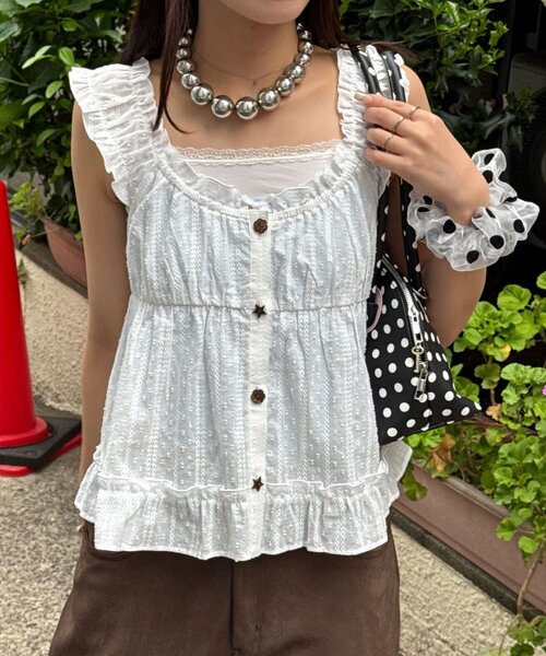 CIAOPANIC（チャオパニック）の「ウッドボタンドビーシャーリングキャミビスチェ（シャツ/ブラウス・レディース・ブラック/イエロー/ホワイト・ONE SIZE）」の12枚目の写真
