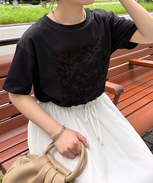 Jena espace merveilleux(ジェナ エスパスメルヴェイユ)の「シアーパッチワークカットソー(Tシャツ/カットソー・レディース・オフホワイト/ライトグレー/ブラック・FREE)」の1枚目の写真