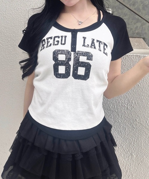 INGNI（イング）の「ヘンリーネックレイヤードナンバリングトップス（Tシャツ/カットソー・レディース・オフホワイト/ブラック/ブラック系7/ホワイト×ブラック・M）」の5枚目の写真