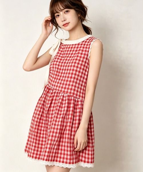gossip！ロサンゼルス（ゴシップロサンゼルス）の「【サイズあり】チェック肩リボンレース裾ノースリーブミニワンピース（ワンピース・レディース・チェック・M/L/S）」の2枚目の写真
