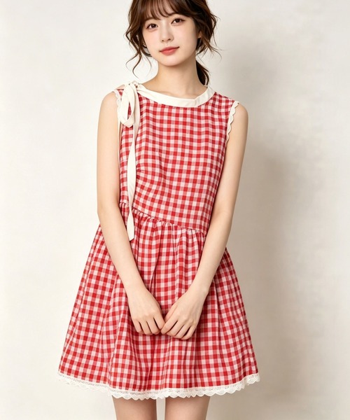 gossip！ロサンゼルス（ゴシップロサンゼルス）の「【サイズあり】チェック肩リボンレース裾ノースリーブミニワンピース（ワンピース・レディース・チェック・M/L/S）」の3枚目の写真