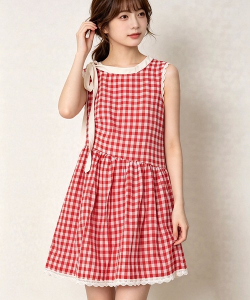 gossip！ロサンゼルス（ゴシップロサンゼルス）の「【サイズあり】チェック肩リボンレース裾ノースリーブミニワンピース（ワンピース・レディース・チェック・M/L/S）」の6枚目の写真