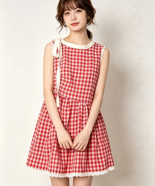 gossip！ロサンゼルス（ゴシップロサンゼルス）の「【サイズあり】チェック肩リボンレース裾ノースリーブミニワンピース（ワンピース・レディース・チェック・M/L/S）」の8枚目の写真