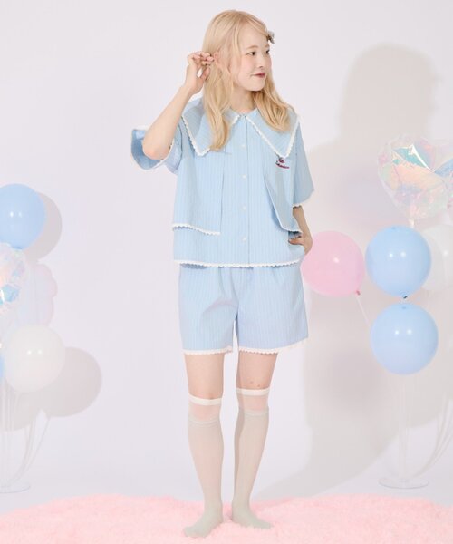 HELLO.SANFRANCISCO（ハローサンフランシスコ）の「【HELLO.SANFRANCISCO】レース付ストライプショートパンツ（その他パンツ・レディース・ブルー/ピンク・ONE SIZE）」の4枚目の写真