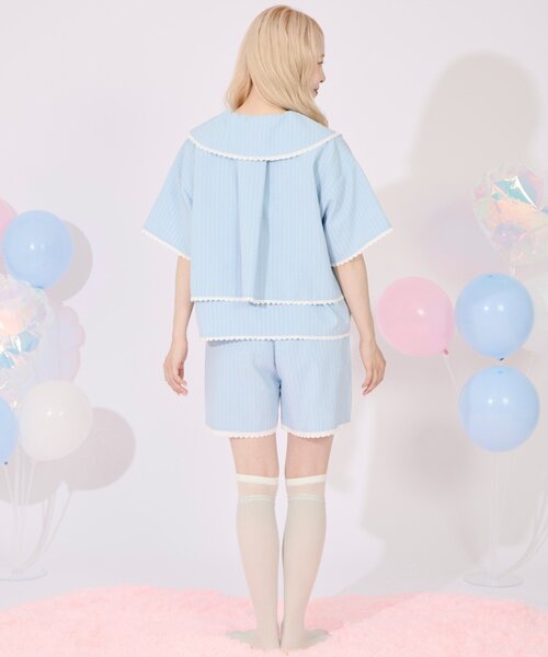 HELLO.SANFRANCISCO（ハローサンフランシスコ）の「【HELLO.SANFRANCISCO】レース付ストライプショートパンツ（その他パンツ・レディース・ブルー/ピンク・ONE SIZE）」の6枚目の写真