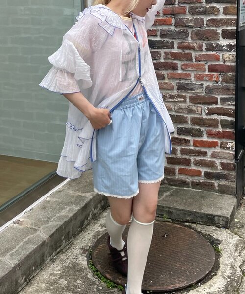 HELLO.SANFRANCISCO（ハローサンフランシスコ）の「【HELLO.SANFRANCISCO】レース付ストライプショートパンツ（その他パンツ・レディース・ブルー/ピンク・ONE SIZE）」の9枚目の写真