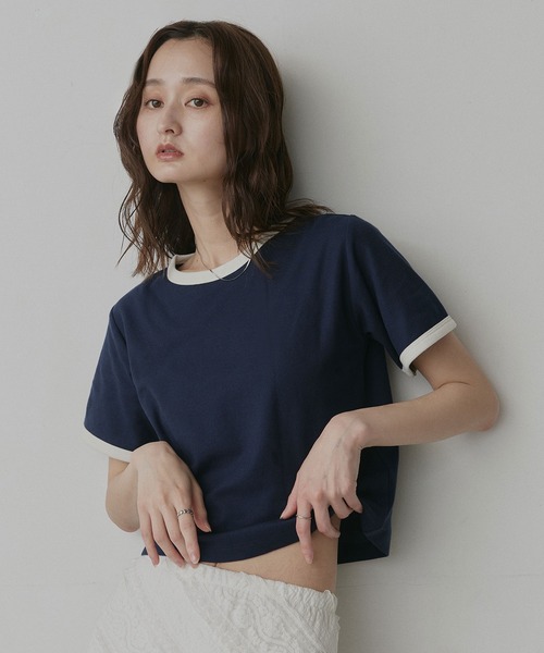 ad thie(アドティエ)の「ショート丈 リンガー デザイン Tシャツ(Tシャツ/カットソー・レディース・ピンク/ライトブルー/ネイビー/ブラウン/チャコール/アイボリー・FREE)」の5枚目の写真