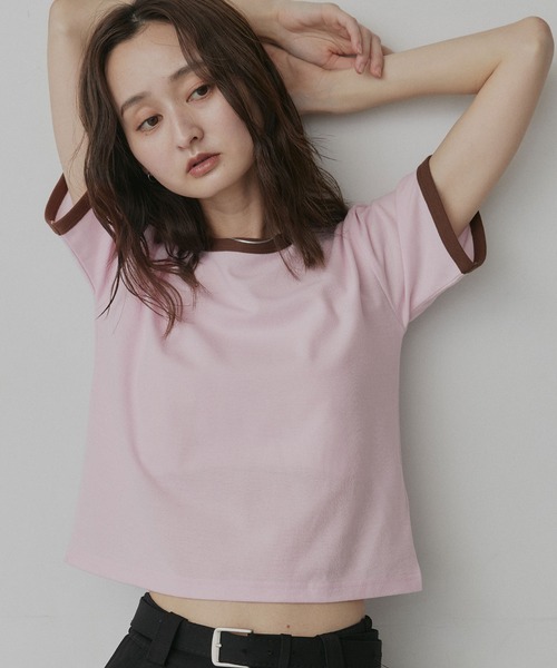 ad thie(アドティエ)の「ショート丈 リンガー デザイン Tシャツ(Tシャツ/カットソー・レディース・ピンク/ライトブルー/ネイビー/ブラウン/チャコール/アイボリー・FREE)」の6枚目の写真