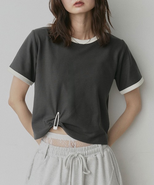 ad thie(アドティエ)の「ショート丈 リンガー デザイン Tシャツ(Tシャツ/カットソー・レディース・ピンク/ライトブルー/ネイビー/ブラウン/チャコール/アイボリー・FREE)」の18枚目の写真