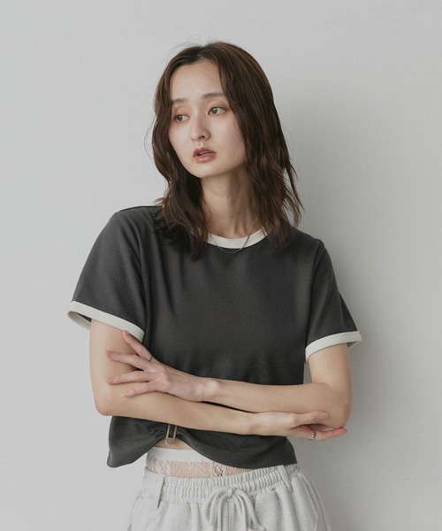 ad thie(アドティエ)の「ショート丈 リンガー デザイン Tシャツ(Tシャツ/カットソー・レディース・ピンク/ライトブルー/ネイビー/ブラウン/チャコール/アイボリー・FREE)」の19枚目の写真