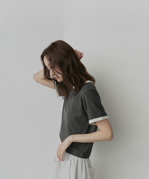 ad thie(アドティエ)の「ショート丈 リンガー デザイン Tシャツ(Tシャツ/カットソー・レディース・ピンク/ライトブルー/ネイビー/ブラウン/チャコール/アイボリー・FREE)」の20枚目の写真