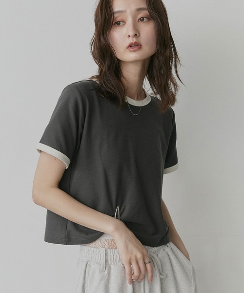 ad thie(アドティエ)の「ショート丈 リンガー デザイン Tシャツ(Tシャツ/カットソー・レディース・ピンク/ライトブルー/ネイビー/ブラウン/チャコール/アイボリー・FREE)」の22枚目の写真
