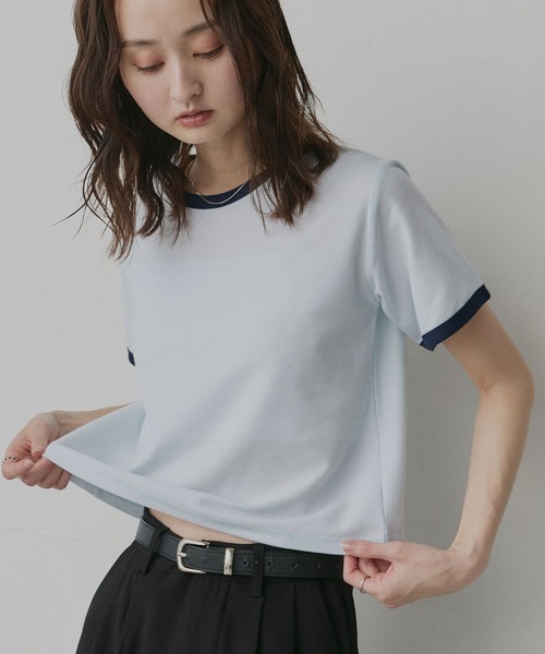 ad thie(アドティエ)の「ショート丈 リンガー デザイン Tシャツ(Tシャツ/カットソー・レディース・ピンク/ライトブルー/ネイビー/ブラウン/チャコール/アイボリー・FREE)」の9枚目の写真
