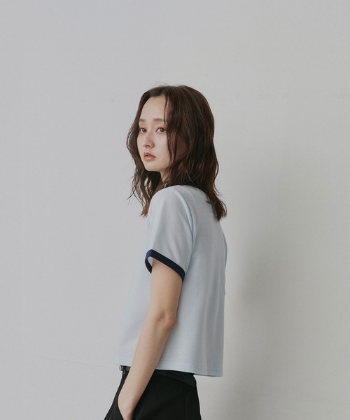 ad thie(アドティエ)の「ショート丈 リンガー デザイン Tシャツ(Tシャツ/カットソー・レディース・ピンク/ライトブルー/ネイビー/ブラウン/チャコール/アイボリー・FREE)」の10枚目の写真