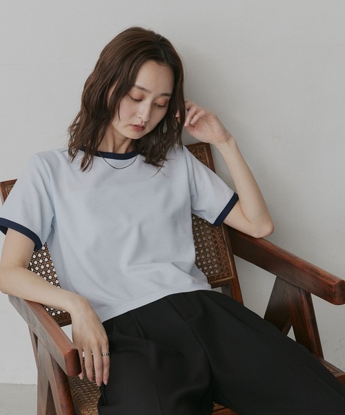 ad thie(アドティエ)の「ショート丈 リンガー デザイン Tシャツ(Tシャツ/カットソー・レディース・ピンク/ライトブルー/ネイビー/ブラウン/チャコール/アイボリー・FREE)」の14枚目の写真