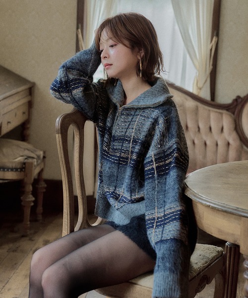 mideal(マイディール)の「half zip check knit / ハーフジップチェックニット(ニット/セーター・レディース・ボルドー/ネイビー/ブルー/ベージュ・FREE)」の3枚目の写真