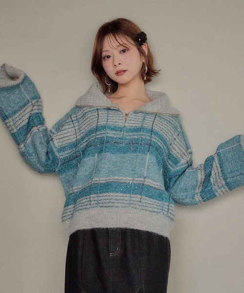 mideal(マイディール)の「half zip check knit / ハーフジップチェックニット(ニット/セーター・レディース・ボルドー/ネイビー/ブルー/ベージュ・FREE)」の4枚目の写真