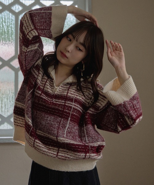 mideal(マイディール)の「half zip check knit / ハーフジップチェックニット(ニット/セーター・レディース・ボルドー/ネイビー/ブルー/ベージュ・FREE)」の1枚目の写真