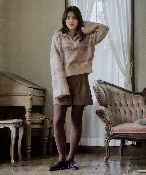 mideal(マイディール)の「half zip check knit / ハーフジップチェックニット(ニット/セーター・レディース・ボルドー/ネイビー/ブルー/ベージュ・FREE)」の18枚目の写真